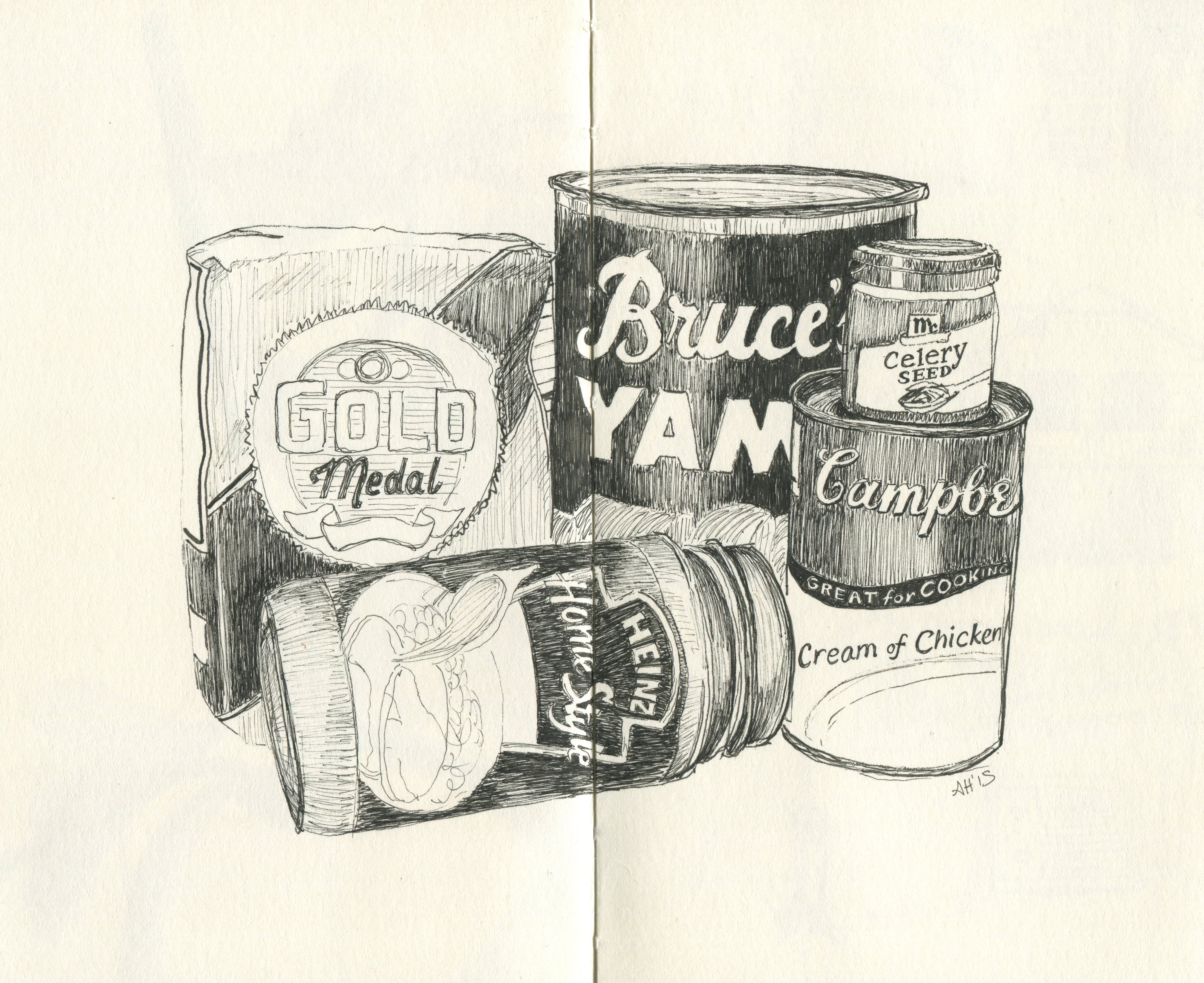 a sketch of gold medal flour, bruce's yams, heinz home style turkey gravy, campbell's cream of chicken soup, and mccormick's celery seed by alleanna harris